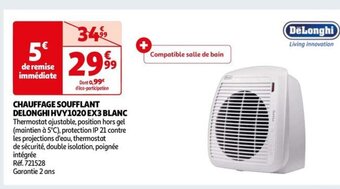 Auchan CHAUFFAGE SOUFFLANT DELONGHI HVY1020 EX3 BLANC offre