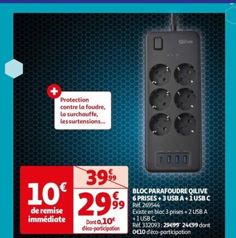 Auchan BLOC PARAFOUDRE QILIVE 6 PRISES + 3 USB A+ 1 USB C offre