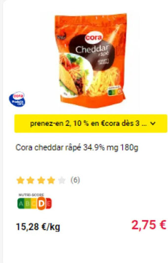 Cora x Carrefour Cora cheddar râpé 34.9% mg 180g offre