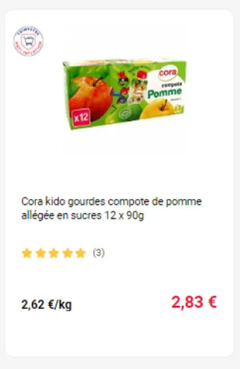 Cora x Carrefour Cora kido gourdes compote de pomme allégée en sucres 12 x 90g offre