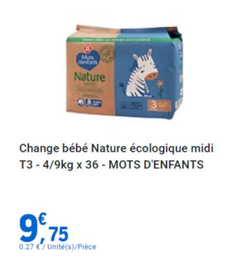 E.Leclerc Change bébé Nature écologique midi T3 - 4/9kg x 36 - MOTS D'ENFANTS offre