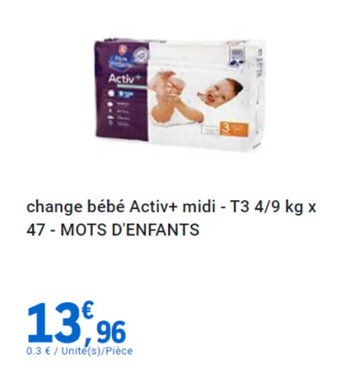 E.Leclerc change bébé Activ+ midi - T3 4/9 kg x 47 - MOTS D'ENFANTS offre