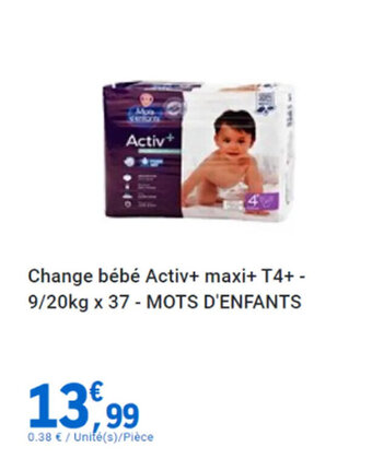 E.Leclerc Change bébé Activ+ maxi+ T4+ - 9/20kg x 37 - MOTS D'ENFANTS offre
