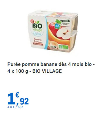 E.Leclerc Purée pomme banane dès 4 mois bio - 4 x 100 g - BIO VILLAGE offre