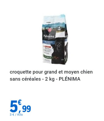 E.Leclerc croquette pour grand et moyen chien sans céréales - 2 kg - PLÉNIMA offre