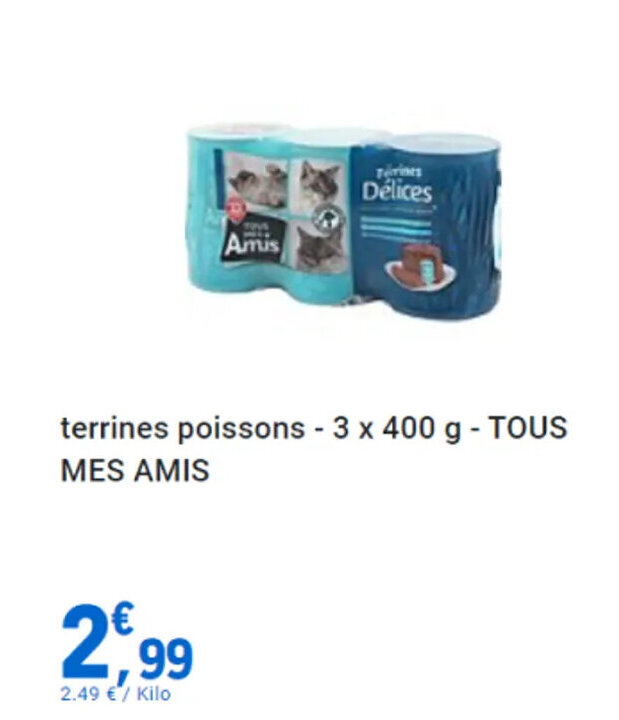 Promo terrines poissons 3 x 400 g TOUS MES AMIS chez E.Leclerc