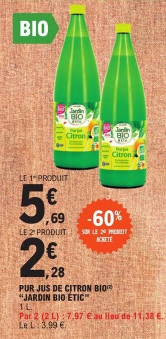 E.Leclerc PUR JUS DE CITRON BIO(¹²) "JARDIN BIO ÉTIC" offre
