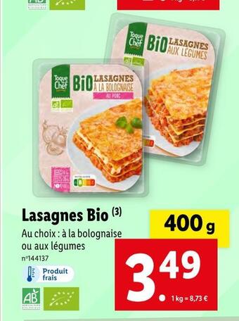 Lidl Toque du chef lasagnes bio offre
