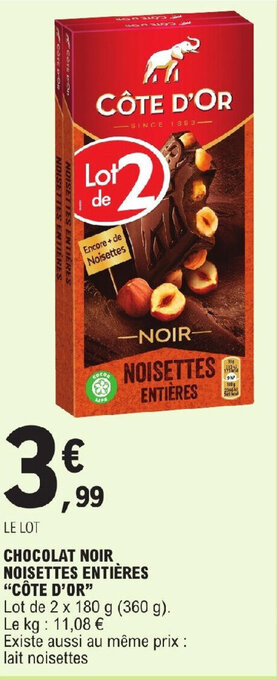 E.Leclerc CHOCOLAT NOIR NOISETTES ENTIÈRES "CÔTE D'OR" offre