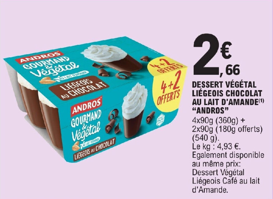 Promo DESSERT VÉGÉTAL LIÉGEOIS CHOCOLAT AU LAIT D'AMANDE(¹) "ANDROS