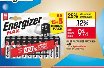 Cora x Carrefour Energizer piles alcalines max lr06 (aa) offre