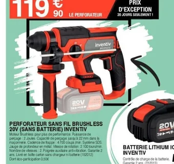 PERFORATEUR SANS FIL BRUSHLESS 20V (SANS BATTERIE) INVENTIV