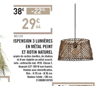 E.Leclerc ISPENSION 3 LUMIÈRES EN MÉTAL PEINT offre