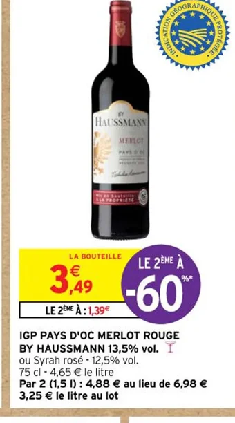 Intermarché IGP PAYS D'OC MERLOT ROUGE offre