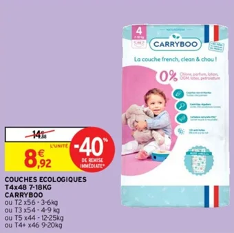 Intermarché COUCHES ECOLOGIQUES T4x48 7-18KG CARRYBOO offre