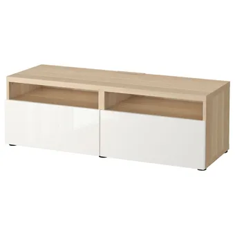 IKEA Bestå banc tv avec tiroirs, effet chêne blanchi/selsviken brillant/blanc, 120x42x39 cm offre