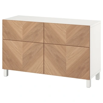 IKEA Bestå combi rangement portes/tiroirs, blanc/hedeviken/stubbarp plaqué chêne, 120x42x74 cm offre