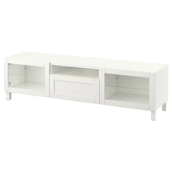 Bestå banc tv, blanc/hanviken/stubbarp blanc verre transparent, 180x42x48 cm