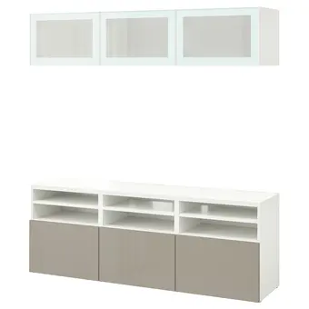 IKEA Bestå rangement tv/vitrines, blanc/selsviken brillant/beige verre givré, 180x42x192 cm offre