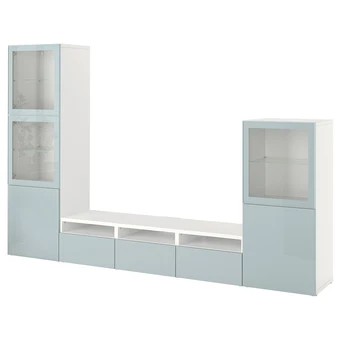 IKEA Bestå rangement tv/vitrines, blanc glassvik/selsviken bleu gris clair, 300x42x193 cm offre