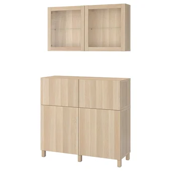 Bestå combi rangement portes/tiroirs, effet chêne blanchi/lappviken/stubbarp motif chêne blanchi verre transp, 120x42x213 cm