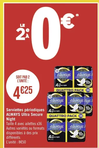 Casino Supermarchés Always serviettes périodiques ultra secure night offre