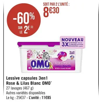 Casino Supermarchés Omo lessive capsules 3en1 rose & lilas blanc offre
