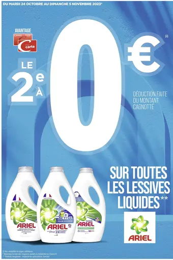 Casino Supermarchés Ariel le 2e à 0€ sur toutes les lessives liquides ariel offre
