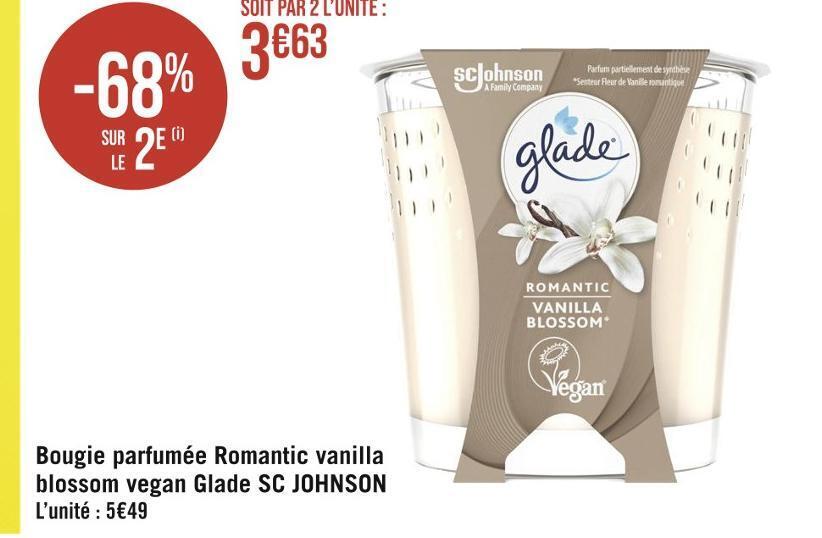 Promo Glade bougie parfumée romantic vanilla blossom vegan sc johnson
