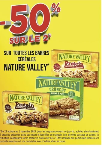 Nature valley -50% sur le 2e sur toutes les barres céréales nature valley