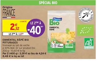 Intermarché Pâturages emmental râpé bio offre