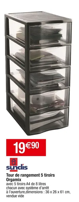 Cora x Carrefour Sundis tour de rangement 5 tiroirs orgamix offre