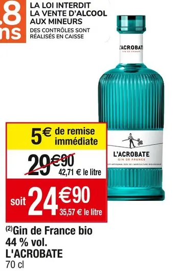 Cora x Carrefour L'acrobate gin de france bio 44 % vol offre