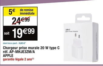 Cora x Carrefour Chargeur prise murale 20 W type C offre