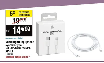 Cora x Carrefour Câble lightning Iphone synchro type C offre