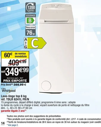 Cora x Carrefour Lave-linge top 6 kg offre