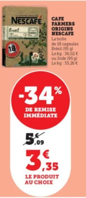 Super U CAFE FARMERS ORIGINS NESCAFE offre