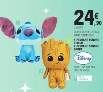 E.Leclerc 1.PELUCHE SONORE STITCH 2.PELUCHE SONORE GROOT offre