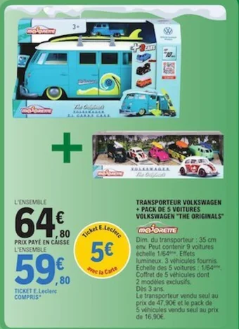 E.Leclerc TRANSPORTEUR VOLKSWAGEN + PACK DE 5 VOITURES VOLKSWAGEN "THE ORIGINALS" offre