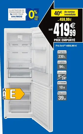 Cora x Carrefour Domeos réfrigérateur combiné 324 l réf. co324ve23 offre