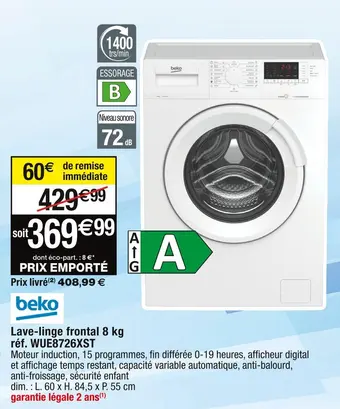 Cora x Carrefour Beko lave-linge frontal 8 kg réf. wue8726xst offre