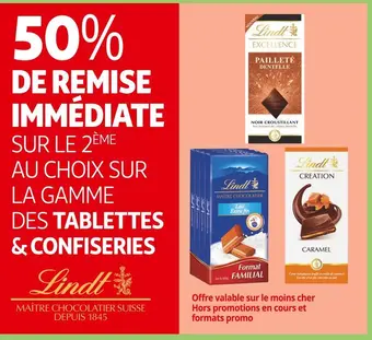 Auchan Supermarché Lindt 50% de remise immédiate sur le 2ème au choix sur la gamme des tablettes & confiseries lindt offre