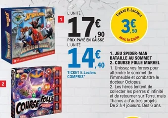 E.Leclerc 1. JEU SPIDER-MAN BATAILLE AU SOMMET 2. COURSE FOLLE MARVEL offre