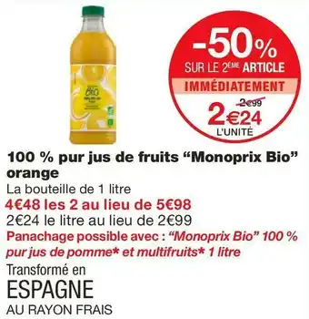 Monoprix 100 % pur jus de fruits orange offre