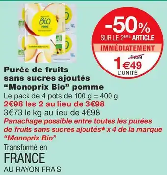 Monoprix Purée de fruits sans sucres ajoutés pomme offre