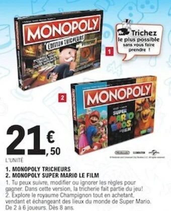 E.Leclerc 1. MONOPOLY TRICHEURS 2. MONOPOLY SUPER MARIO LE FILM offre