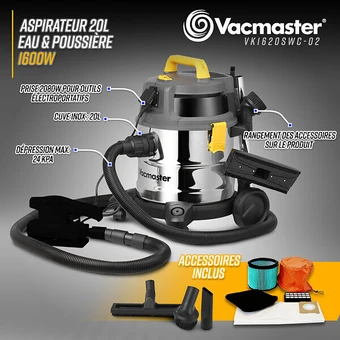 Aspirateur eau et poussières 1600w - 20l inox - 27 kpa avec prise intégrée