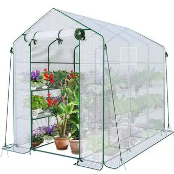 Bricomarché Vounot serre de jardin avec etageres et bache pe renforcee 135g/m2 143x215x195cm offre