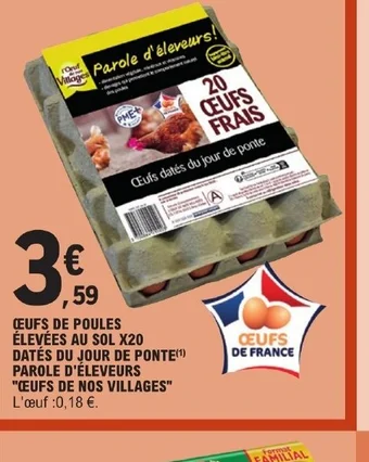 E.Leclerc CEUFS DE POULES ÉLEVÉES AU SOL X20 DATÉS DU JOUR DE PONTE PAROLE D'ÉLEVEURS CEUFS DE NOS VILLAGES offre