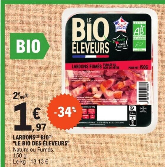 Promo LARDONS BIO LE BIO DES ÉLEVEURS chez E.Leclerc